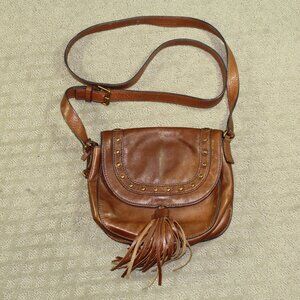 Vintage Fossil Cognac Pebble Leather Flap Tassel Studded Crossbody Purse